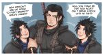 2boys angeal_hewley armor beard black_gloves black_hair black_shirt blue_eyes blue_shirt blush border buster_sword chinstrap_beard crisis_core:_final_fantasy_vii crylin6 earrings english_text facial_hair final_fantasy final_fantasy_vii gloves holding_another's_arm jewelry looking_at_another male_focus multiple_boys open_mouth parted_bangs parted_lips pauldrons ribbed_shirt shirt short_hair shoulder_armor single_earring sleeveless sleeveless_turtleneck smile stud_earrings suspenders sword sword_on_back turtleneck weapon weapon_on_back white_border zack_fair 