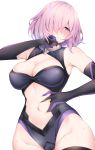  1girl blush breasts cleavage closed_mouth commentary_request fate/grand_order fate_(series) gloves hair_over_one_eye highres kurifuto large_breasts mash_kyrielight navel pink_hair purple_eyes short_hair simple_background solo spread_navel sweat white_background 