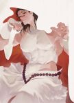  1boy absurdres beads black_eyes blending choso_(jujutsu_kaisen) closed_mouth commentary_request covered_abs eyeliner facial_mark fingerless_gloves gloves highres jewelry jujutsu_kaisen looking_at_viewer makeup male_focus pants pectorals red_eyeliner ring shirt sidepec solo uorui white_gloves white_pants white_shirt 