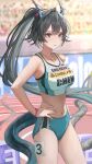  2girls alternate_costume arknights arknights:_endfield black_hair blue_buruma blue_horns blue_sports_bra blue_tail bracelet breasts buruma character_name chen_qianyu_(arknights) clothes_writing commentary_request dragon_girl dragon_horns dragon_tail duplicate eastern_dragon_horns eastern_dragon_tail grey_eyes hands_on_own_hips high_ponytail highres horns hrk_(dxez4457) jewelry large_breasts long_hair multiple_girls navel parted_lips ponytail running_track shorts sports_bikini sports_bra tail tangtang_(arknights) tiger_tail track_and_field track_uniform 
