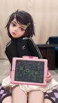  1girl argyle_clothes argyle_socks bag black_bag black_jacket black_socks blurry blurry_background bob_cut brown_eyes brown_hair circuit_diagram closed_mouth commentary cursive depth_of_field double_vertical_stripe drawing_(object) drawn_flower drawn_heart expressionless hair_ornament hairclip handbag head_tilt heart high_collar highres holding holding_tablet_pc indoors ira_(servachok) jacket jitome leaning_to_the_side lips loose_hair_strand messy_hair multiple_hairclips on_floor original pink_lips purple_socks russian_commentary russian_text servachok short_hair sitting skirt socks solo stylus swept_bangs table tablet_pc thick_eyebrows track_jacket translated two-tone_socks wariza white_skirt wooden_floor zipper zipper_pull_tab 