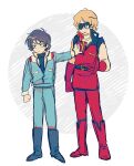  2boys aeug blonde_hair blue_hair box char_aznable closed_mouth commentary_request gift gift_box gloves gundam highres kamille_bidan light_blush long_sleeves matunaga11 mecha_pilot_suit military_rank_insignia military_uniform multiple_boys normal_suit_(gundam) pout quattro_bajeena red_gloves science_fiction sunglasses zeta_gundam 