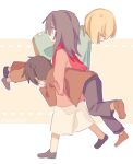 1girl 2boys arm_around_another's_waist armin_arlert black_hair black_pants black_shoes blonde_hair border brown_jacket brown_pants brown_shoes cardigan carrying carrying_under_arm child commentary dress eren_yeager full_body green_cardigan hair_between_eyes haku33001 hand_on_own_face highres jacket long_dress long_hair mikasa_ackerman multiple_boys pants pink_cardigan red_scarf scarf shingeki_no_kyojin shoes short_hair shoulder_carry sweatdrop white_border white_dress yellow_background 