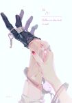  ... 1boy 1girl absurdres bandaid bandaid_on_arm black_gloves chinese_commentary commentary_request cuts english_text fingernails gloves half_gloves hand_focus hand_grab highres injury jewelry key nail_polish original red_nails ring shared_handcuffs simple_background snake_ring sweat thumb_ring tudouyu veins white_background 