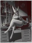 4_toes anthro arm_support art_deco ashtray bathrobe big_breasts black_nose bra breasts canid canine canis ceiling cigarette city city_background cityscape claws clock clothing collar crossed_legs desk detailed_background digital_media_(artwork) drawer electronics feet female fireplace fluffy fluffy_tail fur furniture grey_body grey_eyes grey_fur grey_hair greyscale hair hair_over_eye hi_res hiverdose holding_cigarette holding_object ilia_(hiverdose) inner_ear_fluff inside jackal leaning_on_elbow long_ears looking_at_viewer mammal monochrome night phone pinup pointy_ears pose robe rotary_telephone sitting_on_desk smoke smoking smoking_cigarette solo table tail thick_thighs toes tuft underwear window