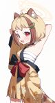  1girl absurdres animal_ear_fluff animal_ears arata_(blue_archive) arm_out_of_sleeve arms_behind_head arms_up bell blonde_hair blue_archive blush breasts brown_streaks chest_sarashi commentary fang from_side hadanugi_dousa halo highres japanese_clothes jingle_bell kimono multicolored_hair neck_bell open_mouth raccoon_ears raccoon_girl raccoon_tail red_eyes sarashi shanqianqian_377 short_eyebrows short_hair simple_background skin_fang small_breasts solo streaked_hair tail white_background yellow_halo yellow_kimono 
