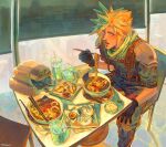  1boy armor artist_name black_gloves blonde_hair blue_eyes blue_pants blue_shirt chopsticks cloud_strife commentary cup drinking_straw earrings english_commentary final_fantasy final_fantasy_vii food gloves green_scarf helmet highres holding holding_chopsticks jewelry knee_pads male_focus military_uniform noodles open_mouth pants ramen scarf shinra_infantry_uniform shirt short_hair shoulder_armor single_earring sirisketchbook sitting solo spiked_hair steamed_bun sweat tile_floor tiles unworn_headwear unworn_helmet 