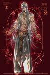  1boy abs alternate_hairstyle arm_cuffs armlet bare_pectorals barefoot belt body_jewelry chain chain_harness chinese_text cuffs fireworks flame_print glowing gold_horns gold_jewelry highres horns jewelry large_pectorals light_particles long_hair long_ribbon love_and_deepspace male_focus multiple_armlets multiple_necklaces multiple_rings muscular necklace nipples noink131 obliques outstretched_arms pants pectorals pendant red_background red_eyes ring rope_belt sash solo spread_arms stomach_tattoo sylus_(love_and_deepspace) tattoo toes toned white_hair wide-leg_pants wrist_cuffs yaoi 