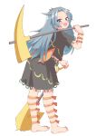  1girl :d absurdres arm_bow arm_ribbon back_bow barefoot black_shirt black_skirt blue_eyes bow commentary curtained_hair fang from_behind grey_hair hand_up highres himemushi_momoyo holding holding_pickaxe holding_shovel leaning_forward leg_ribbon long_hair looking_at_viewer midriff nora_koutya open_mouth orange_bow orange_ribbon parted_bangs pickaxe ribbon ringed_eyes shirt short_sleeves shovel simple_background skirt skirt_set smile solo split_mouth standing touhou v-shaped_eyebrows very_long_hair white_background 