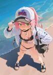  1girl absurdres bag bandaid bandaid_on_face bandaid_on_knee bandaid_on_leg bandaid_on_nose baseball_cap beach bikini black_bikini black_mask black_survival breasts commentary_request crossed_bandaids day eternal_return:_black_survival frilled_bikini frills full_body green_eyes hair_between_eyes hand_in_pocket hand_on_headwear hat hat_ring highres jacket jeongdang_geolae korean_commentary legs_apart light_blush long_hair long_sleeves looking_at_viewer making-of_available mask mask_pull medium_breasts mirka_(black_survival) mouth_mask navel ocean open-toe_boots open_clothes open_jacket open_mouth outdoors perspective pink_hair ponytail puffy_long_sleeves puffy_sleeves sand shadow shore shoulder_bag side-tie_bikini_bottom solo standing string_bikini swimsuit thigh_strap toes v-shaped_eyebrows water whistle whistle_around_neck white_hat white_jacket 