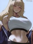  1girl armpit_crease blonde_hair blunt_bangs blush breasts collarbone crop_top ezra_(project_moon) half-closed_eyes high_ponytail highres large_breasts limbus_company looking_at_viewer navel open_mouth parted_lips ponytail project_moon red_eyes tall_female tank_top teeth tomatoketchup96 toned toned_female undressing upper_body white_tank_top wide_ponytail 