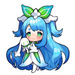  1girl animal blue_eyes blue_hair blush character_name chibi closed_mouth commentary_request doll dress flower full_body green_eyes hair_flower hair_ornament holding holding_animal holding_doll holding_stuffed_toy leaf lily_of_the_valley long_hair long_sleeves looking_at_viewer pantyhose rabbit roco_kingdom roco_kingdom:_world short_eyebrows simple_background smile solo sparkle standing stuffed_toy thick_eyebrows two_side_up very_long_hair virtual_youtuber white_background white_dress white_flower xiaosuan_sanban xueying_wawa_(lily_of_the_valley)_(roco_kingdom:_world) 