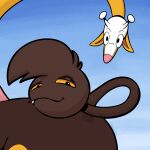 1:1 antlers brown_body brown_fur fur generation_2_pokemon girafarig hi_res horn kyp_(character) living_tail looking_at_viewer nintendo orange_sclera ossicone pink_nose pokemon pokemon_(species) sharp_teeth smug smug_face smug_grin solo tail tail_head teeth trevor-fox trevor-fox_(character) unusual_anatomy unusual_tail yellow_body yellow_fur