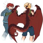 1:1 absurd_res animal_humanoid blonde_hair bottomwear clothed clothing dragon dragon_humanoid duo fully_clothed hair hi_res human humanoid male mammal membrane_(anatomy) membranous_wings red_body red_hair red_scales scales shorts tinypigdraws topless transformation wings 