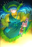  0o_nmmm_o0 apron aqua_nails blonde_hair blue_hair blush commentary_request dress floating_hair frills green_apron haniwa_(statue) haniyasushin_keiki headscarf highres holding_figure jewelry joutouguu_mayumi lamellar_armor long_hair magatama magatama_necklace medium_hair nail_polish necklace parted_lips red_eyes short_sleeves smile touhou yellow_dress 
