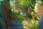  1girl :d commentary_request day fern flower flower_pot green_shirt light_rays long_hair neur original plant potted_plant purple_flower purple_hair scenery shirt short_sleeves shorts smile stairs summer sunlight t-shirt tiles town wide_shot yellow_flower 