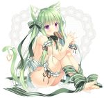  1girl animal_ear_fluff animal_ears areola_slip areolae ass bangs barefoot blush bow breasts candy cat_ears cat_girl cat_tail chocolate chocolate_heart commentary_request eyebrows_visible_through_hair food food_in_mouth green_bow green_hair green_nails green_ribbon hair_censor hair_over_one_breast hands_together heart interlocked_fingers looking_at_viewer mouth_hold nail_polish nude original own_hands_together purple_eyes ribbon sidelocks sitting small_breasts solo striped striped_bow striped_ribbon tail takano_yuki_(allegro_mistic) toenail_polish twintails white_background white_bow white_ribbon 
