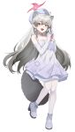  1girl absurdres animal_ears bell blue_archive choker commentary_request dress elbow_gloves fang flat_chest gloves grey_hair hair_between_eyes halo hat highres long_hair looking_at_viewer michiru_(blue_archive) michiru_(dress)_(blue_archive) neck_bell official_alternate_costume official_alternate_hairstyle open_mouth pantyhose pink_halo raccoon_ears raccoon_girl raccoon_tail rosa617 shuriken_earrings skin_fang smile solo tail very_long_hair white_choker white_dress white_gloves white_hat white_pantyhose yellow_eyes 