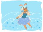  1girl animal_ears blue_dress blue_hair brown_fur bunny bunny_ears bunny_girl cucumber_quest doodle dress feral_phoenix fish_earrings glasses jewelry nautilus_shell necklace ocean_waves pearl_necklace pink_sandals pink_sleeves pointy_ears princess_nautilus star 
