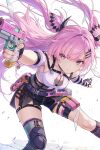  1girl asymmetrical_gloves asymmetrical_legwear breasts commentary_request commission crop_top glock gloves gun hair_ornament handgun highres holding holding_gun holding_weapon holster long_hair mismatched_gloves mismatched_legwear netarou_(shinra) original pink_eyes pink_hair pixiv_commission shorts thigh_holster weapon 