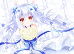  1girl animal_ears azur_lane bangs bare_shoulders blue_flower blurry blurry_background blush bouquet bunny_ears closed_mouth commentary_request depth_of_field dress eyebrows_visible_through_hair flower grey_ribbon hair_between_eyes hair_flower hair_ornament hair_ribbon holding holding_bouquet laffey_(azur_lane) laffey_(white_rabbit&#039;s_oath)_(azur_lane) long_hair looking_at_viewer red_eyes ribbon shikito silver_hair smile solo very_long_hair wedding_dress white_dress yellow_flower 