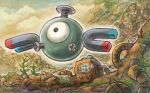  black_eyes cloud cloudy_sky creature day floating gen_1_pokemon magnemite magnet no_humans official_art outdoors plant pokemon pokemon_(creature) pokemon_trading_card_game screw single_eye sky solo sowsow third-party_source 