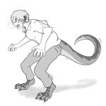  1:1 4_toes absurd_res clothed clothing digitigrade dragon female greyscale hair hi_res human mammal monochrome short_hair solo tinypigdraws toes transformation 