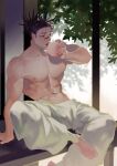  1boy absurdres arm_support barefoot black_hair choso_(jujutsu_kaisen) collarbone commentary_request facial_mark food fruit highres holding holding_food holding_fruit jujutsu_kaisen male_focus muscular muscular_male navel open_mouth pants peach pectorals short_hair sitting solo topless_male uorui v-taper white_pants 