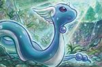  black_eyes creature day dragonair gen_1_pokemon horn looking_up no_humans official_art outdoors pokemon pokemon_(creature) pokemon_trading_card_game rock seaweed solo sowsow sunlight third-party_source tree underwater water 