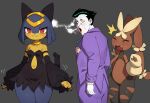  1boy 2girls absurdres animal_ears animal_hands animal_nose batman_(series) blue_fur blue_hair blush brown_fur cat_ears cat_girl cat_tail dc_comics distracted_boyfriend_(meme) dress flowerpigeon furry furry_female highres joker_(dc) joker_catches_a_lopunny_(meme) looking_at_another lopunny mega_lopunny meme multiple_girls open_mouth pal_(creature) palworld pokemon pokemon_(creature) rabbit_ears red_eyes sekhmet_(palworld) tail two-tone_fur yellow_fur 