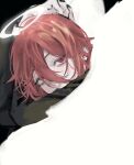  1boy angel_devil_(chainsaw_man) api_(ppi_52) black_background black_jacket chainsaw_man commentary_request glowing glowing_halo hair_between_eyes halo highres jacket long_hair looking_at_viewer looking_to_the_side male_focus pale_skin red_eyes short_hair simple_background solo suit_jacket wings 