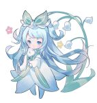  1girl absurdres blue_eyes blue_hair blush chibi commentary_request dress flower full_body highres holding holding_stuffed_toy lily_of_the_valley long_hair long_sleeves looking_at_viewer parted_lips roco_kingdom roco_kingdom:_world short_eyebrows simple_background solo standing stuffed_toy thick_eyebrows toy two_side_up very_long_hair white_background white_dress xueying_wawa_(lily_of_the_valley)_(roco_kingdom:_world) yutou5 