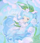  1girl absurdres blue_eyes blue_hair character_name chibi dress english_text flower full_body hair_flower hair_ornament highres holding holding_stuffed_toy leaf lily_of_the_valley long_hair long_sleeves looking_at_viewer rabbit roco_kingdom roco_kingdom:_world short_eyebrows solo sparkle stuffed_toy toy two_side_up very_long_hair white_dress white_flower xueying_wawa_(lily_of_the_valley)_(roco_kingdom:_world) youyi_zhengzaibailan 