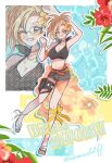  1girl alternate_costume armband bare_shoulders belt bikini black_bikini blonde_hair breasts cleavage commentary_request dissidia_duellum_final_fantasy dissidia_final_fantasy final_fantasy final_fantasy_x flower green_eyes grey_shorts grin hair_flower hair_ornament hand_up hibiscus highres holster leg_ribbon medium_breasts midriff multicolored_bikini okomeddff one_eye_closed orange-tinted_eyewear orange_armband orange_belt orange_bikini orange_flower parted_lips ponytail red_flower ribbon rikku_(ff10) sandals shorts smile solo summer sunglasses swimsuit teeth thigh_holster tinted_eyewear twintails two-tone_bikini white_background yellow_ribbon 