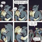 1:1 6_panel_comic anthro arm_grab artist_logo ashtray bedroom_eyes beverage_bottle black_body black_clothing black_hair black_shirt black_topwear blonde_hair blue_eyes border_collie bottle brown_eyes canid canine canis clothed clothing clothing_lift collie comic container dialogue domestic_dog english_text eyes_closed french_kissing fur furniture grey_body grey_fur group hair hand_on_back hand_on_head hand_under_shirt heart_symbol herding_dog hi_res husky hybrid jeremy_(kriek_wildebeest) kissing kriek_wildebeest laugh logo looking_pleasured lying lying_on_sofa male male/male mammal multiple_scenes name_in_dialogue narrowed_eyes neck_kiss nordic_sled_dog on_back on_sofa page_number pastoral_dog portuguese_water_dog ragged_clothing ravi_(kriek_wildebeest) seductive sheepdog shirt shirt_lift sitting sitting_on_sofa smile smiling_at_another smiling_at_each_other sofa speech_bubble spitz sweater tail text tom_(kriek_wildebeest) topwear trio unconscious wolf worried_for_other yellow_body yellow_fur
