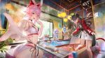  3girls absurdres animal_ears bikini black_hair blue_hair breasts commentary_request evanescia_(honkai:_star_rail) fate/stay_night fate/unlimited_blade_works fate_(series) fox_ears hair_between_eyes halo highres honkai:_star_rail honkai_(series) indoors jacket large_breasts long_hair long_sleeves looking_at_viewer multiple_girls nanaken_nana offering_hand official_alternate_costume open_mouth pink_hair red_jacket rin's_pendant_(fate) robin_(honkai:_star_rail) robin_(summeretto)_(honkai:_star_rail) short_hair skirt smile swimsuit tohsaka_rin tohsaka_rin_(honkai:_star_rail) very_long_hair white_bikini white_skirt wispae_(honkai:_star_rail) 