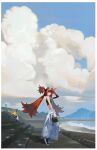  1girl bangboo_(zenless_zone_zero) blue_sky border cloud commentary_request day dumog eyepatch from_side full_body highres jumpsuit jumpsuit_around_waist koleda_belobog korean_commentary long_hair looking_afar midriff orange_hair outdoors shading_eyes shore single_sleeve sky solo twintails white_border wide_shot zenless_zone_zero 