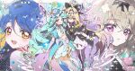  2girls absurdres antenna_hair black_bow black_bowtie black_capelet black_dress blonde_hair blue_bow blue_bowtie blue_capelet blue_hair blue_skirt blue_thighhighs blue_tube_top boater_hat bow bowtie bridal_gauntlets butterfly_hat_ornament capelet cure_arcana_shadow cure_eclair dress dual_persona earrings flat_chest frilled_capelet frilled_tube_top frills gradient_hair green_hair hair_between_eyes hair_bow hair_intakes hat_ornament highres howa_kurea jewelry long_hair meitantei_precure! midriff moria_luluka multicolored_hair multiple_girls navel nownnownn pantyhose pink_hair ponytail precure purple_bridal_gauntlets purple_pantyhose purple_veil red_eyes single_thighhigh skirt smile strapless thighhighs tube_top two-tone_hair veil very_long_hair yellow_eyes 