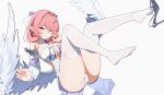  1girl absurdres ass bare_shoulders blush breasts commentary_request detached_sleeves dress feathered_wings fingernails grey_shoes hair_ornament hand_up high_heels highres large_breasts long_fingernails long_hair looking_at_viewer low_wings master_mocha nail_polish panties parted_lips pink_hair pink_nails pointy_ears purple_eyes remielle_dan shoe_dangle shoes short_dress sidelocks simple_background smile solo thighhighs thighs underwear variant_set white_dress white_panties white_thighhighs white_wings wings zenless_zone_zero 
