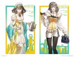  2girls bow breasts brown_hair cleavage commentary cup detached_collar detached_sleeves dress dual_persona english_text enmaided feet_out_of_frame final_fantasy final_fantasy_xiv frills green_eyes highres holding holding_saucer holding_teapot hyur jacket jersey_maid looking_at_viewer maid maid_headdress medium_hair migo45 multicolored_hair multiple_girls pantyhose puffy_short_sleeves puffy_sleeves saucer short_sleeves shorts sleeves_past_wrists smile sphene_(ff14) teacup teapot tiara track_jacket turtleneck turtleneck_jacket unconventional_maid white_headdress 