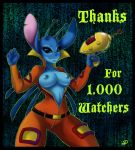  2012 4_fingers alien antennae_(anatomy) anthro anthrofied areola back_spines black_border blue_areola blue_eyes blue_nipples border breasts clothed clothing crossgender dipstick_antennae disney english_text experiment_(lilo_and_stitch) eyelashes female fingers ghostmotus holding_object holding_weapon lilo_and_stitch looking_at_viewer milestone mtf_crossgender multicolored_antennae nipples notched_ear open_shirt outline plasma_blaster plasma_gun ranged_weapon shirt simple_background smile solo spacesuit standing stitch_(lilo_and_stitch) text textured_background topwear weapon zipper 