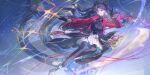  1girl absurdres asymmetrical_legwear black_gloves black_hair black_pantyhose black_shirt black_thighhighs blue_eyes boots chinese_commentary closed_mouth commentary_request earrings fate/stay_night fate/unlimited_blade_works fate_(series) floating_hair full_body gloves hand_up highres honkai:_star_rail honkai_(series) jacket jewelry long_hair long_sleeves necklace official_alternate_costume open_clothes open_jacket pantyhose red_jacket rin's_pendant_(fate) shirt skirt smile solo thighhighs tohsaka_rin tohsaka_rin_(honkai:_star_rail) uneven_legwear very_long_hair white_boots white_skirt yi_fen_ta 