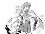  1boy 1girl ahoge arm_cutout armor arms_at_sides blunt_ends bodysuit bow bridal_gauntlets closed_mouth clothing_cutout commentary_request covered_collarbone cowboy_shot detached_sleeves dress eyelashes feather_hair_ornament feathers fingerless_gloves flower furisode gem genshin_impact gloves greyscale hair_flower hair_intakes hair_ornament hakama hakama_shorts highres holding holding_sword holding_weapon japanese_armor japanese_clothes juban kimono korean_commentary kote layered_sleeves looking_to_the_side lumine_(genshin_impact) middle_ring monochrome open_clothes open_hand open_kimono pleated_shorts pom_pom_(clothes) pyong_deog sash scaramouche_(genshin_impact) scarf short_hair short_hair_with_long_locks short_sleeves shorts shoulder_peek side-by-side side_cape sidelocks single_bare_shoulder smile sword tassel tsurime turtleneck turtleneck_bodysuit vambraces vision_(genshin_impact) wanderer_(genshin_impact) weapon white_background wispy_bangs 
