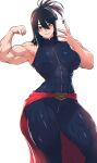  1girl absurdres bare_shoulders black_bodysuit black_hair bodysuit boku_no_hero_academia breasts closed_mouth commentary_request covered_abs grey_eyes hair_between_eyes highres korean_commentary large_breasts looking_at_viewer mole mole_under_mouth muscular muscular_female ponytail shimura_nana smile solo spoiledmuffin superhero_costume 