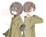  1boy 1girl black_gloves black_hair brown_hair clenched_teeth closed_mouth coat commentary_request eren_yeager furrowed_brow gloves green_coat green_eyes grey_eyes hair_between_eyes haku33001 mikasa_ackerman outstretched_hand parted_bangs parted_lips scar scar_on_cheek scar_on_face shingeki_no_kyojin sweat teeth upper_body white_background 