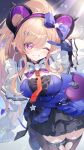  1girl absurdres arknights arknights:_endfield black_thighhighs blonde_hair blue_gloves breasts commentary_request curled_horns demon_girl demon_horns demon_tail dress gloves hairband highres horns large_breasts liino_(arknights) long_hair looking_at_viewer multicolored_horns one_eye_closed partially_fingerless_gloves pointy_ears purple_eyes purple_hairband purple_horns purple_tail see-through_clothes see-through_sleeves smile solo star-shaped_pupils star_(symbol) symbol-shaped_pupils tail thighhighs two-tone_horns v yunweishukuang 