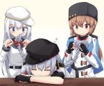  3girls bangs belt black_gloves black_headwear blue_shawl blush braid braiding_hair brown_hair closed_eyes eyebrows_visible_through_hair fingerless_gloves flat_cap gangut_(kantai_collection) gloves grey_hair hair_ornament hair_ribbon hairclip hairdressing hat hibiki_(kantai_collection) jacket jacket_on_shoulders kakizaki_(chou_neji) kantai_collection long_hair long_sleeves low_twintails multiple_girls papakha red_shirt ribbon scarf shawl shirt short_sleeves silver_hair sleeping smile star tashkent_(kantai_collection) torn_scarf twin_braids twintails verniy_(kantai_collection) white_headwear 