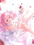  1girl :d absurdres blurry_foreground breasts cake cleavage dress floating_hair food heterochromia highres holding holding_plate long_hair medium_breasts nail_polish open_mouth original pink_hair pink_nails plate purple_eyes red_eyes sleeveless sleeveless_dress smile solo sparkle staff_(music) very_long_hair white_background white_dress wrist_cuffs yunmi_0527 