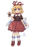  1girl back_bow black_shirt blonde_hair blue_eyes border bow closed_mouth collared_shirt commentary frilled_shirt_collar frills full_body hair_ribbon medicine_melancholy puffy_short_sleeves puffy_sleeves red_bow red_ribbon red_shoes ribbon shirt shoes short_hair short_sleeves simple_background smile socks solo su-san touhou uzumaki_osushi white_background white_border white_socks 