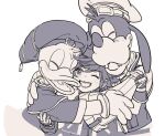  3boys closed_eyes disney dog_boy donald_duck duck_boy fingerless_gloves gloves goggles goggles_on_headwear goofy greyscale group_hug hat hug kh_dan0203 kingdom_hearts male_focus monochrome multiple_boys one_eye_closed open_mouth ribbed_sweater short_hair smile sora_(kingdom_hearts) sweater upper_body vest white_background 